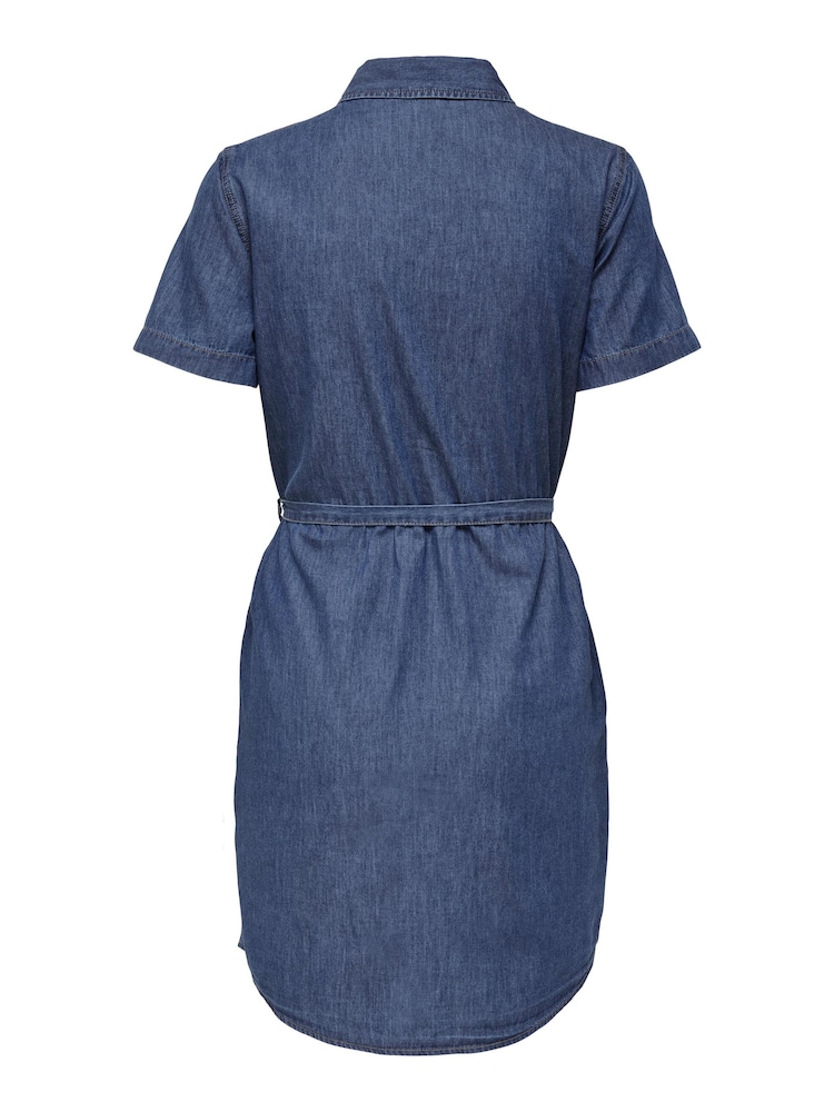 JDY Blue Short Sleeve Tie Waist Denim Dress - Image 6 of 6