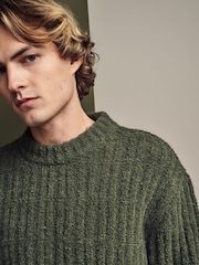 Green Relaxed Fit Bouclé Textured Stripe Crew Jumper - Image 1 of 8