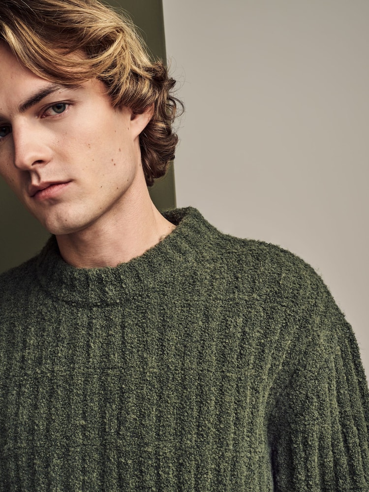 Green Relaxed Fit Bouclé Textured Stripe Crew Jumper - Image 1 of 8