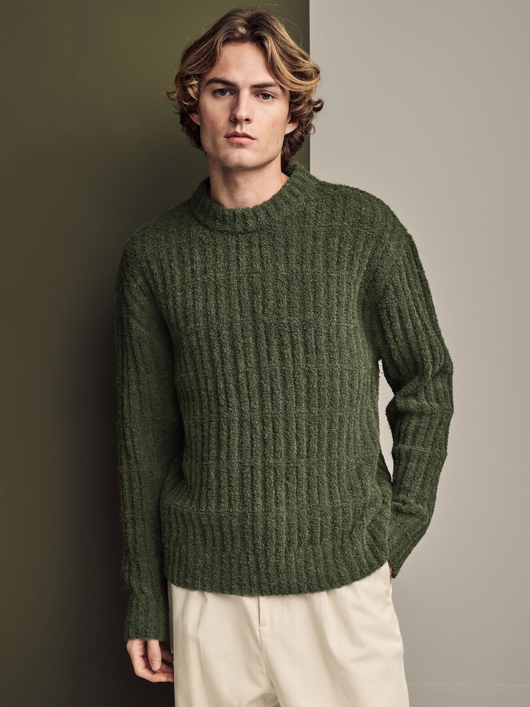 Green Relaxed Fit Bouclé Textured Stripe Crew Jumper - Image 4 of 8