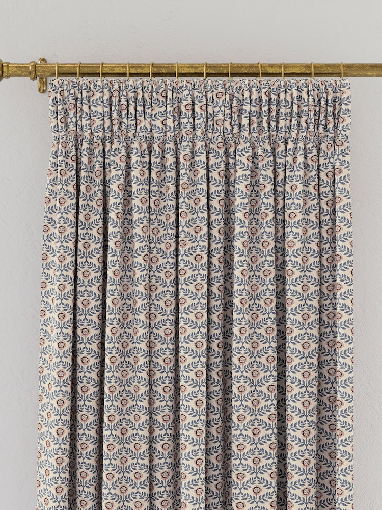 Joules Blue/Creme Floral Foulard Lined Pencil Pleat Pencil Pleat Curtains - Image 3 of 3