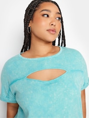 Yours Curve Aqua Blue Acid Wash Cut Out 100% Cotton T-Shirt - Image 4 of 4