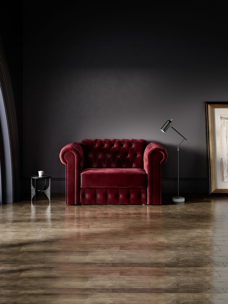 Jay-Be Luxe Velvet Shiraz Red Chesterfield Snuggle Sofa Bed - Image 1 of 6 Jay-Be Luxe Velvet Shiraz Red Chesterfield Snuggle Sofa Bed - Image 1 of 6