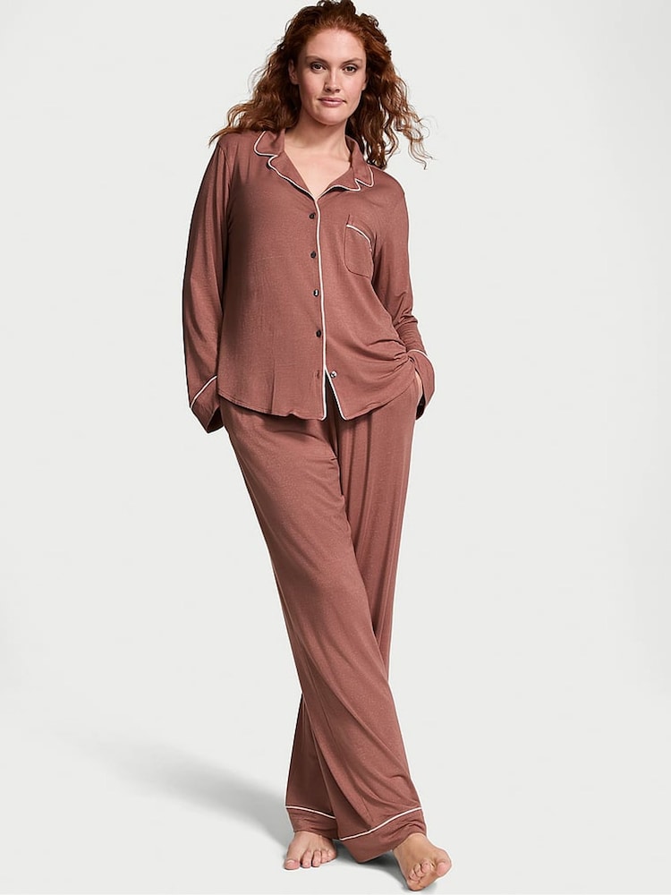 Victoria's Secret Vintage Rose Pink Lurex Stripe Modal Long Pyjama Set - Image 1 of 4