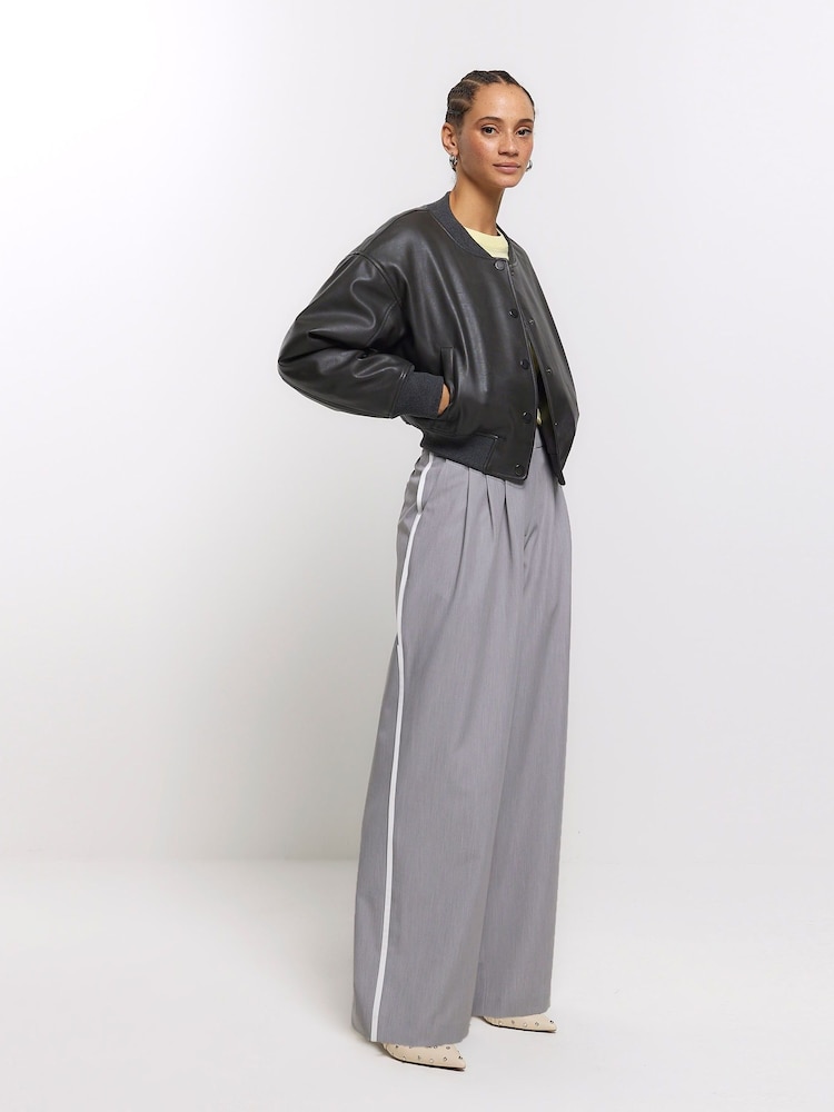 River Island Grey Side Stripe Tailored Trousers - Image 1 of 4