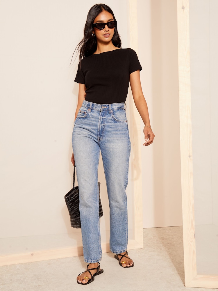 Friends Like These Black Short Sleeve Jersey Cotton Ribbed Boat Neck T-Shirt - Image 1 of 4 Friends Like These Black Short Sleeve Jersey Cotton Ribbed Boat Neck T-Shirt - Image 1 of 4