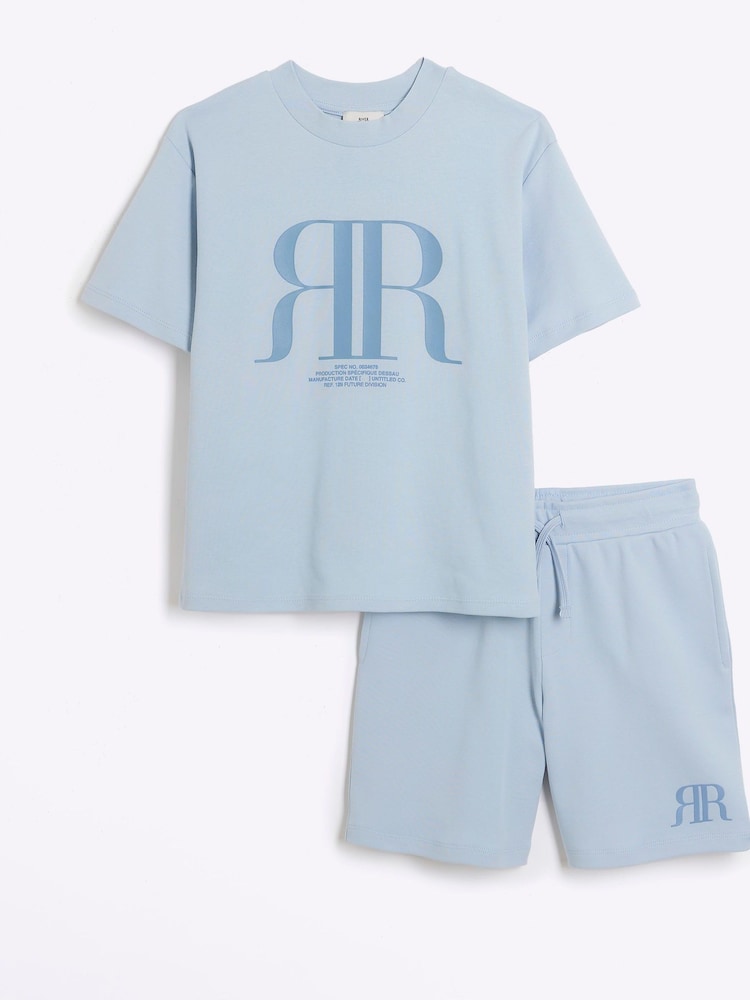 River Island Blue Boys 100% Cotton RR T-Shirt and Shorts Set - Image 1 of 2 River Island Blue Boys 100% Cotton RR T-Shirt and Shorts Set - Image 1 of 2