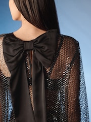 Schwarz - Netzbluse mit Pailletten und Schleife am Rücken - Bild 5 von 8