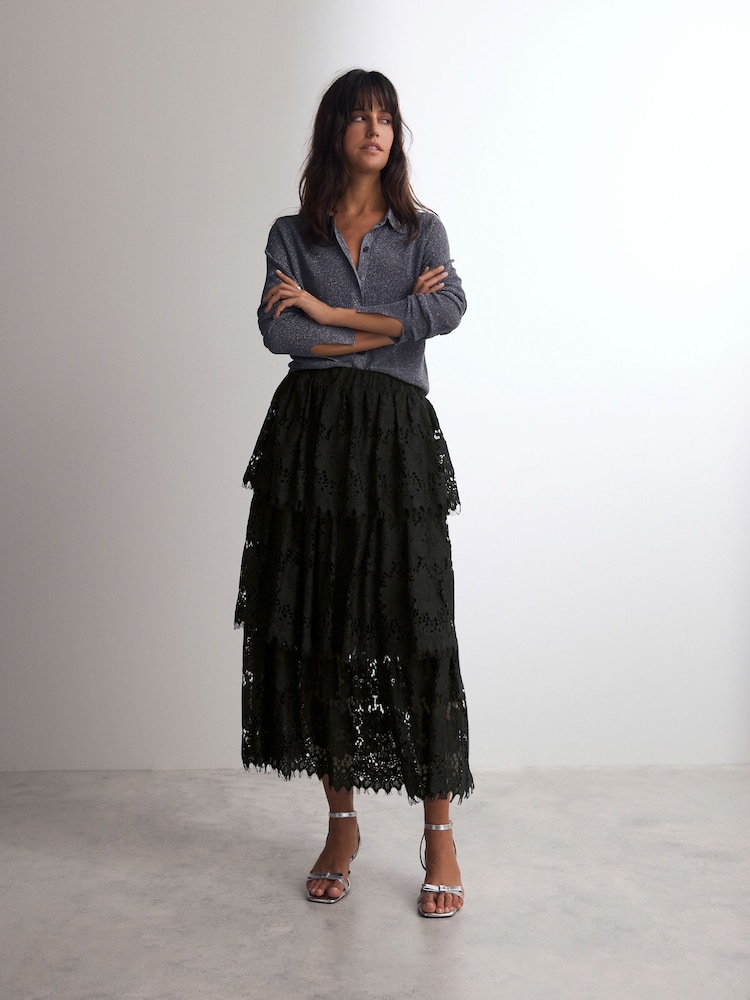 Black Lace Tiered Maxi Skirt - Image 1 of 7
