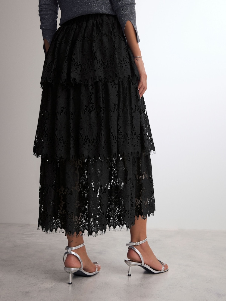 Black Lace Tiered Maxi Skirt - Image 2 of 7