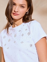 Lipsy White Round Neck Embellished T-Shirt - Image 4 of 4