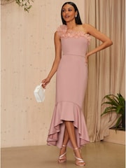 Chi Chi London Pink One Shoulder Organza Bodycon Midi Dress - Image 1 of 2