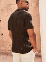 Tailored Athlete Brown Muscle Fit Vertical Stripe Crochet Knitted Shirt - Image 4 of 6