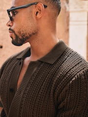 Tailored Athlete Brown Muscle Fit Vertical Stripe Crochet Knitted Shirt - Image 5 of 6