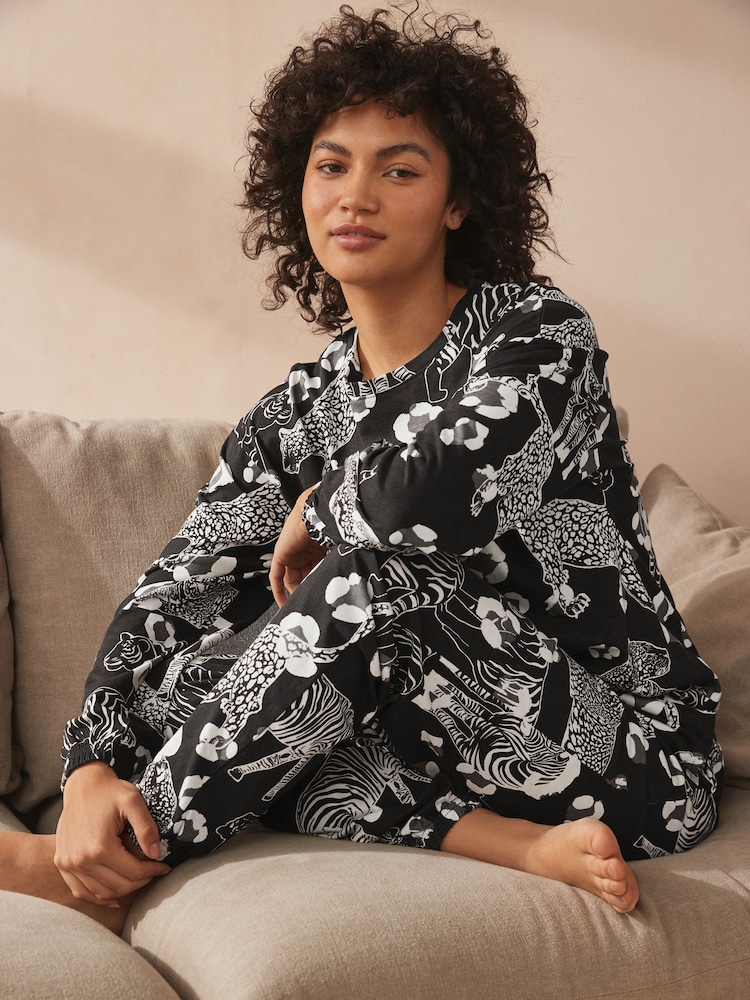 Black & White Tiger 100% Cotton Long Sleeve Pyjamas - Image 1 of 9