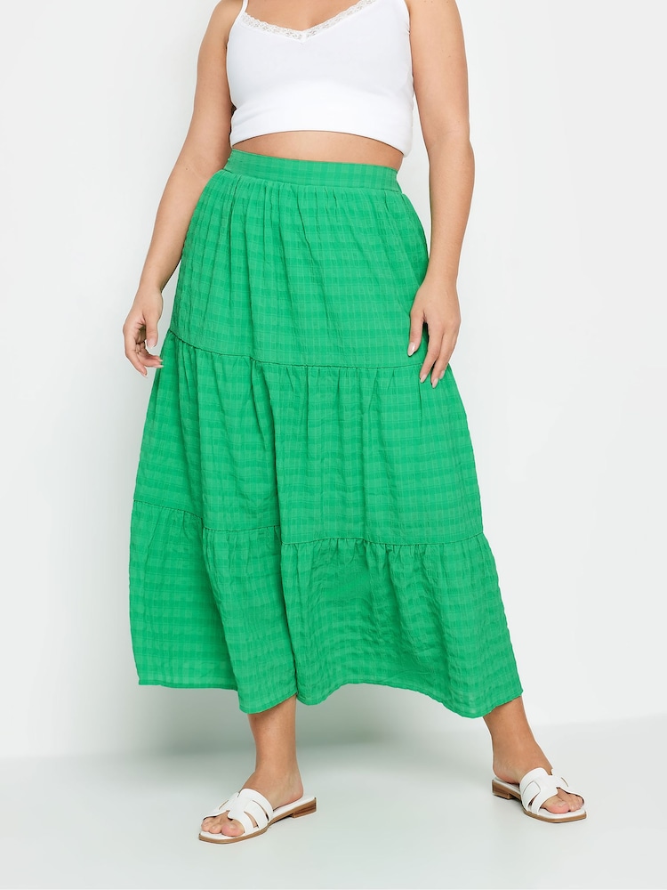 Yours Curve Green Tiered Check Midi Skirt - Image 2 of 6