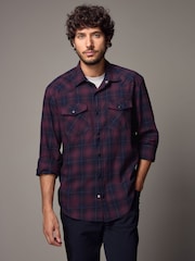 Red/Navy Blue Check Long Sleeve 100% Cotton Oxford Shirt - Image 1 of 9