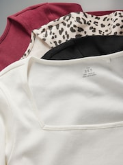 The Set Black/Cream/Berry Red/Leopard Print 4 Pack Rib Square Neck Long Sleeve T-Shirts - Image 14 of 15