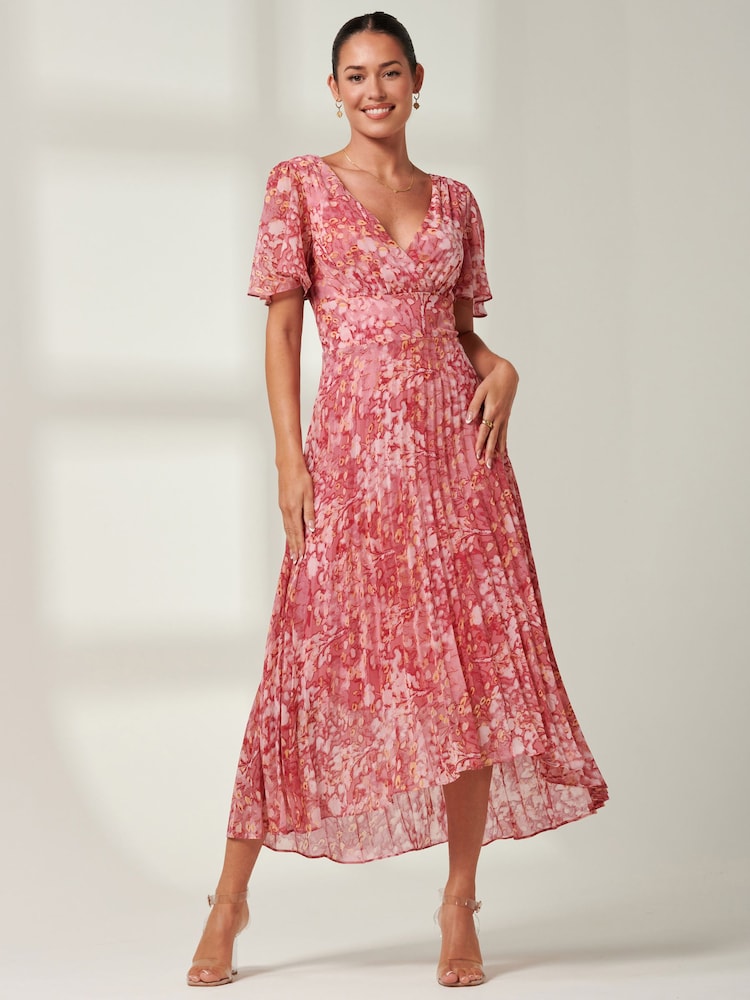 Jolie Moi Pink Floral Olenna Angel Sleeve Pleated Chiffon Maxi Dress - Image 1 of 6