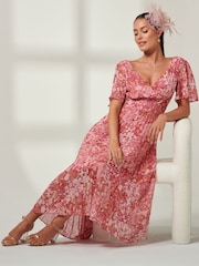 Jolie Moi Pink Floral Olenna Angel Sleeve Pleated Chiffon Maxi Dress - Image 5 of 6