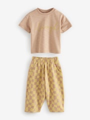 Yellow Checkerboard Short Sleeve T-Shirt And Wide Leg 100% Cotton Trousers (3mths-7yrs) - Image 1 of 8