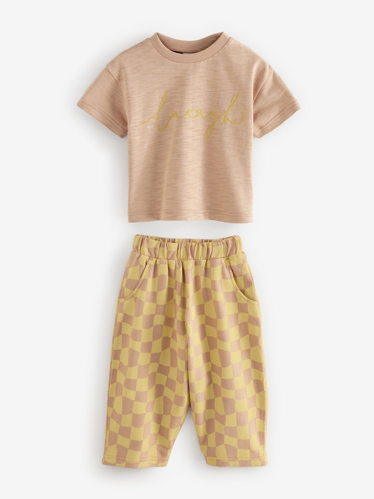 Yellow Checkerboard Short Sleeve T-Shirt And Wide Leg 100% Cotton Trousers (3mths-7yrs) - Image 1 of 8 Yellow Checkerboard Short Sleeve T-Shirt And Wide Leg 100% Cotton Trousers (3mths-7yrs) - Image 1 of 8