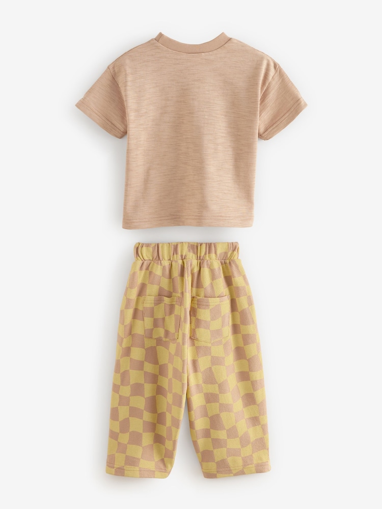 Yellow Checkerboard Short Sleeve T-Shirt And Wide Leg 100% Cotton Trousers (3mths-7yrs) - Image 2 of 8
