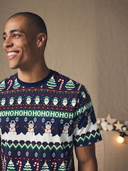Navy Fairisle Pattern Christmas 100% Cotton T-Shirt - Image 1 of 8