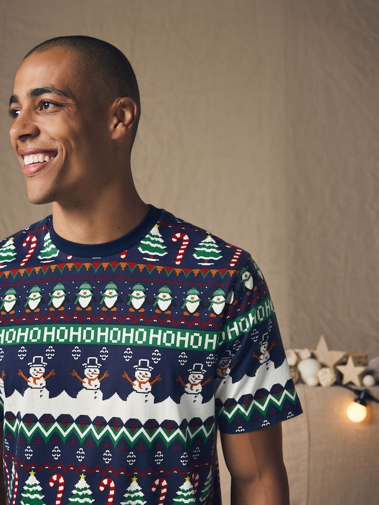 Navy Fairisle Pattern Christmas 100% Cotton T-Shirt - Image 1 of 8