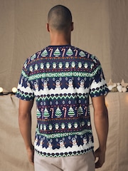 Navy Fairisle Pattern Christmas 100% Cotton T-Shirt - Image 2 of 8