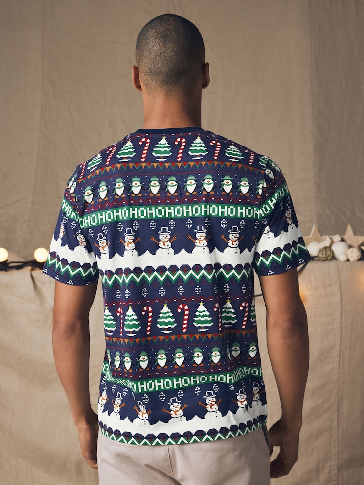 Navy Fairisle Pattern Christmas 100% Cotton T-Shirt - Image 2 of 8