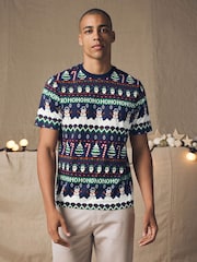 Navy Fairisle Pattern Christmas 100% Cotton T-Shirt - Image 3 of 8
