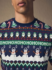 Navy Fairisle Pattern Christmas 100% Cotton T-Shirt - Image 4 of 8