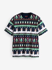 Navy Fairisle Pattern Christmas 100% Cotton T-Shirt - Image 5 of 8