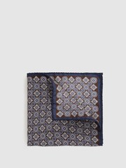 Reiss Navy/Chocolate Salerno Silk Medallion Print Pocket Square - Image 1 of 5