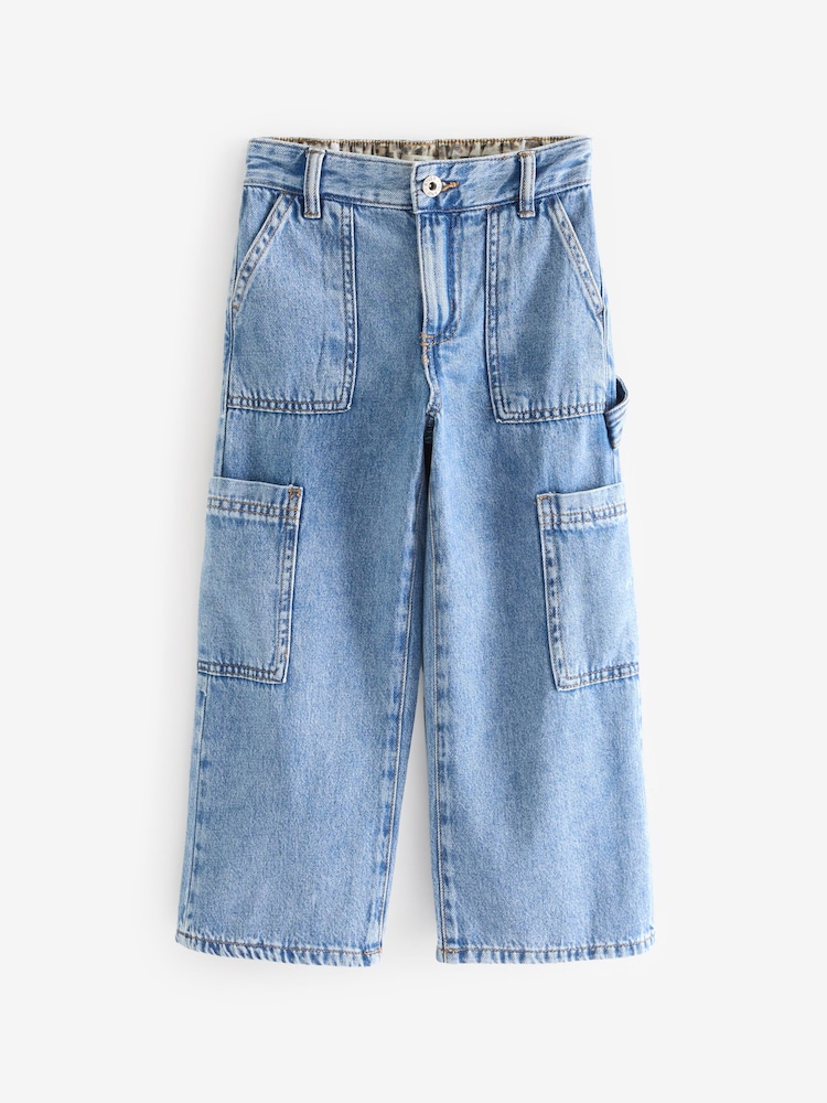 River Island Blue Girls Mid Wash Carpenter 100% Cotton Straight Jeans - Image 1 of 4
