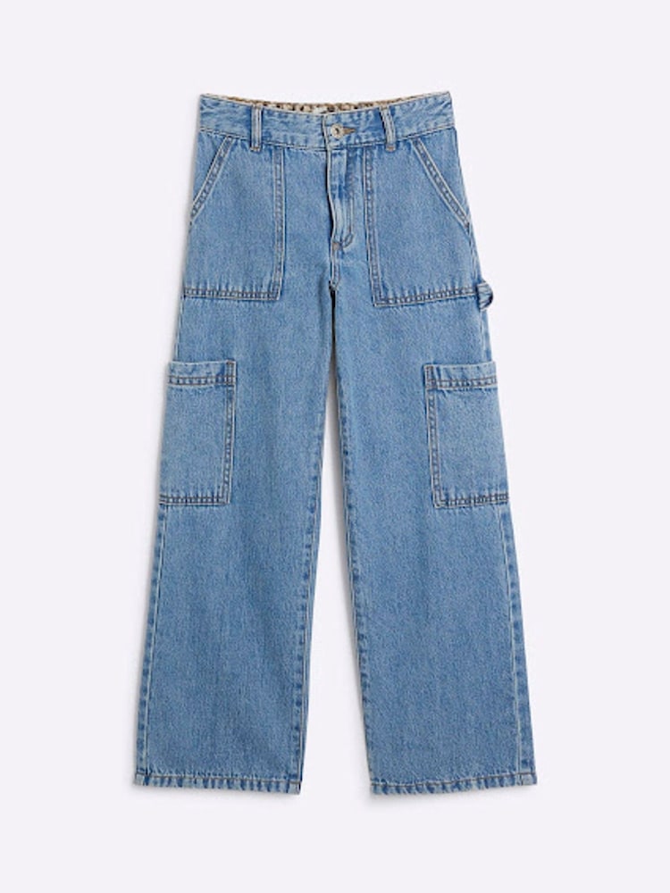 River Island Blue Girls Mid Wash Carpenter 100% Cotton Straight Jeans - Image 2 of 4