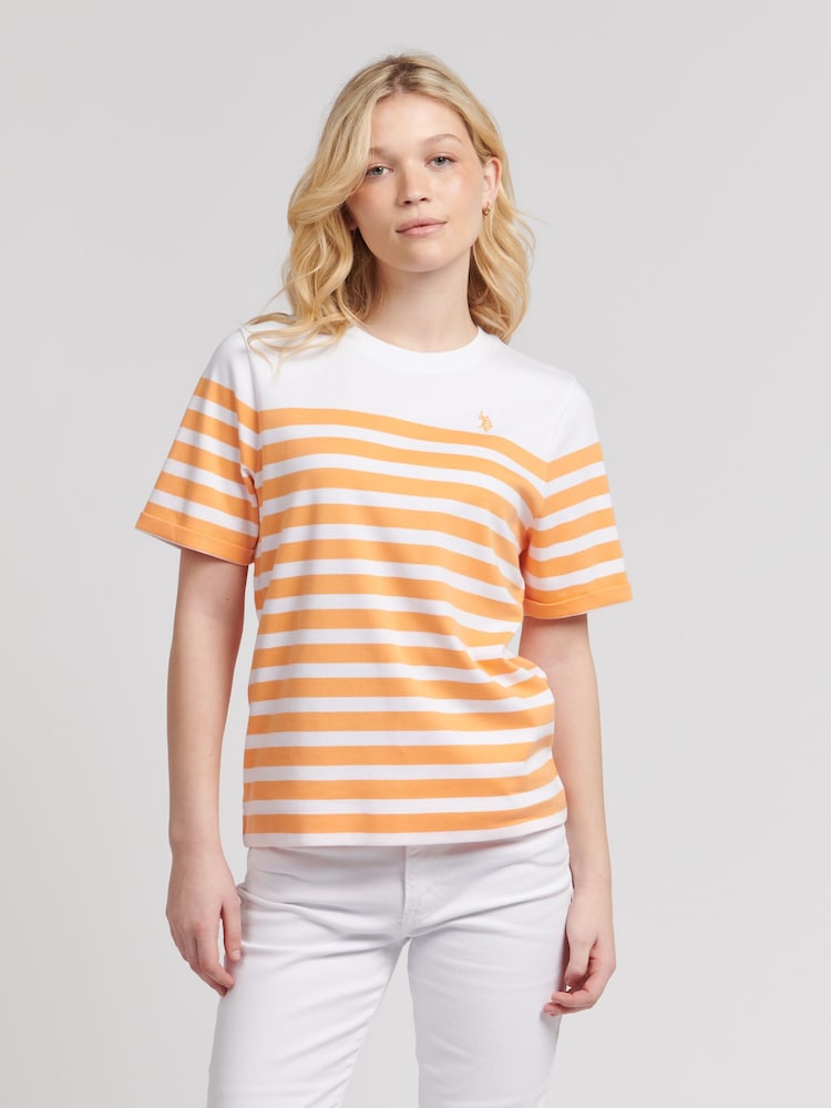 U.S. Polo Assn. Orange Womens Regular Fit Stripe 100% Cotton T-Shirt - Image 1 of 8