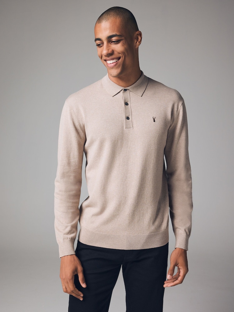 Neutrales Hirschmotiv-Logo - Langärmeliges Polo-Shirt aus Feinstrick - Bild 1 von 6 Neutrales Hirschmotiv-Logo - Langärmeliges Polo-Shirt aus Feinstrick - Bild 1 von 6