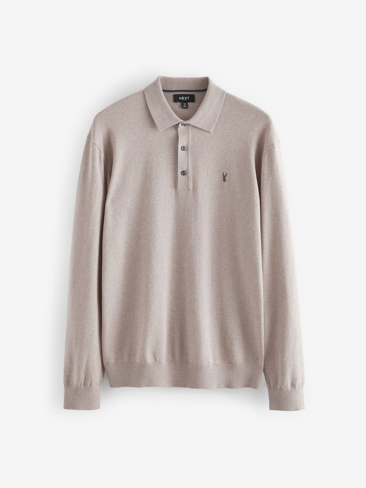 Neutral Stag Logo Regular Fit Knitted Long Sleeve Polo Shirt - Image 4 of 6