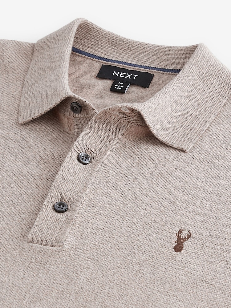 Neutral Stag Logo Regular Fit Knitted Long Sleeve Polo Shirt - Image 5 of 6