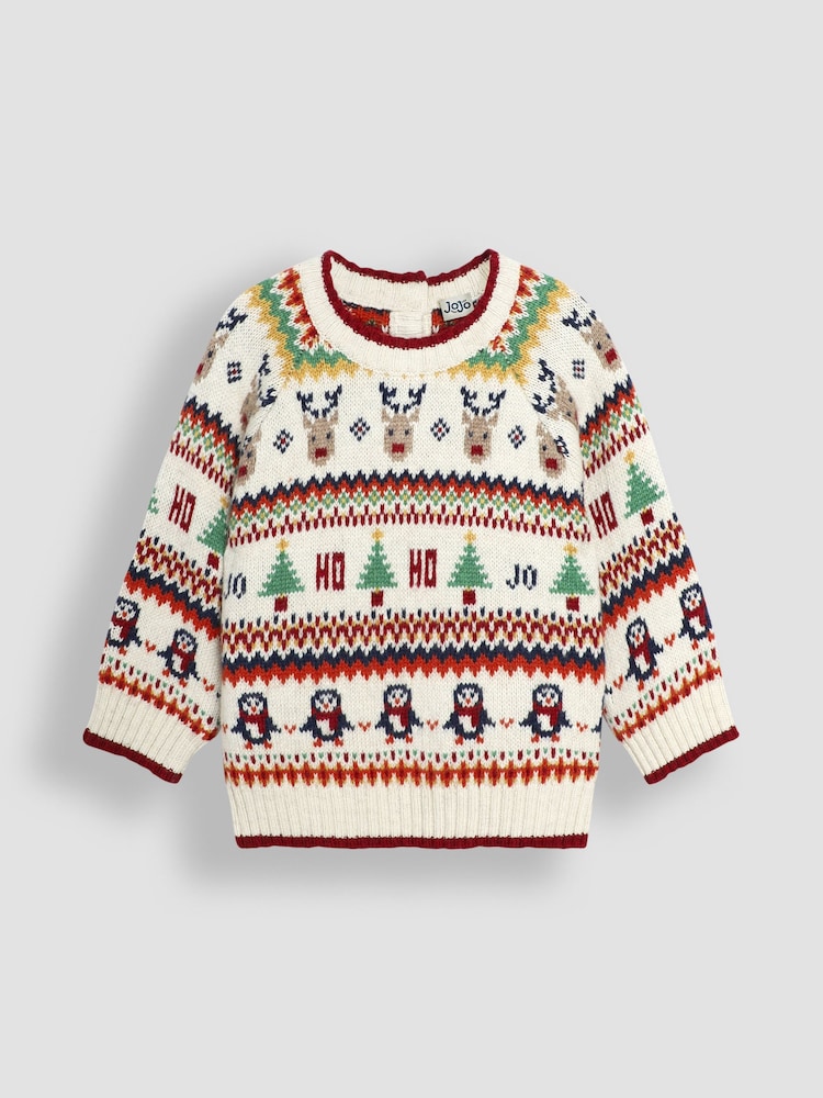 JoJo Maman Bébé Ecru Knitted Christmas Festive Friends Fair Isle Jumper - Image 1 of 11 JoJo Maman Bébé Ecru Knitted Christmas Festive Friends Fair Isle Jumper - Image 1 of 11