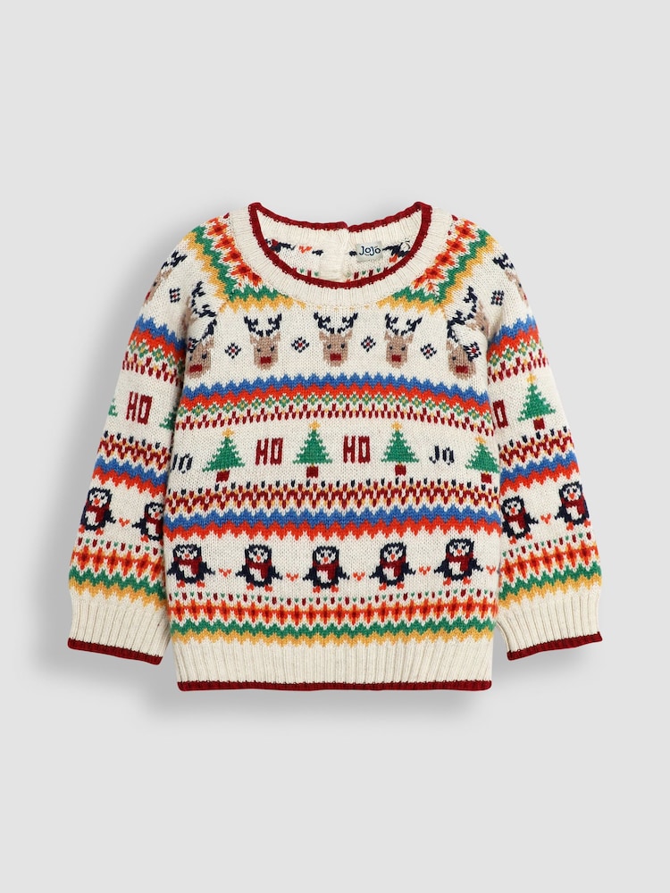 JoJo Maman Bébé Ecru Knitted Christmas Festive Friends Fair Isle Jumper - Image 4 of 11