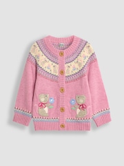 JoJo Maman Bébé Pink Mouse Knit Fairisle Pattern Cardigan - Image 1 of 3