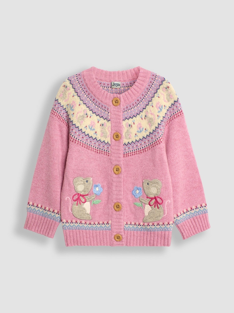 JoJo Maman Bébé Pink Mouse Knit Fairisle Pattern Cardigan - Image 1 of 3
