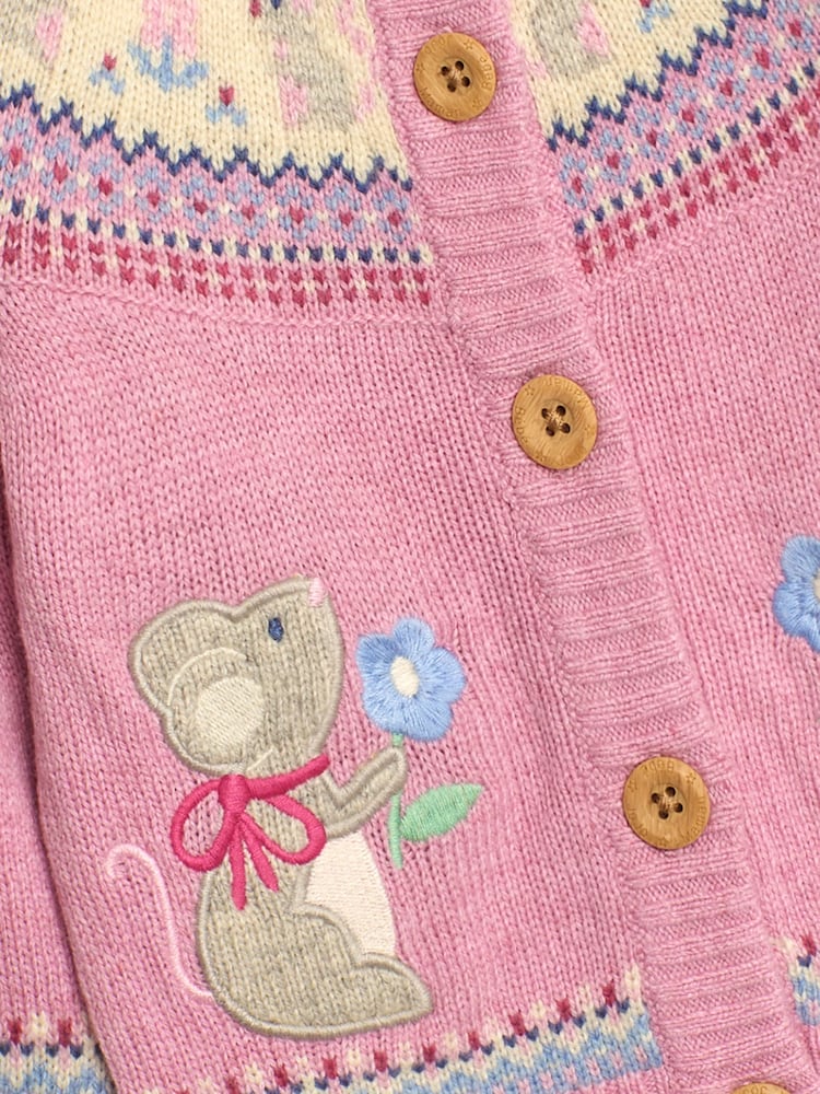 JoJo Maman Bébé Pink Mouse Knit Fairisle Pattern Cardigan - Image 3 of 3