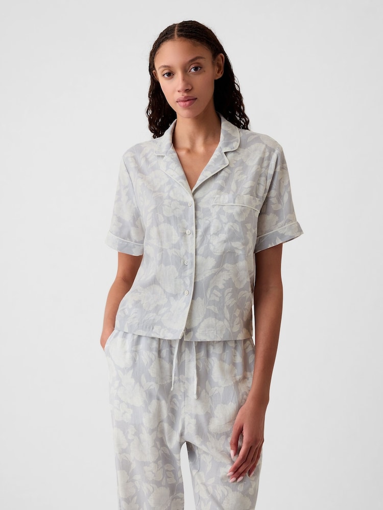Gap Grey Floral Linen-Blend Pyjama Shirt - Image 1 of 4 Gap Grey Floral Linen-Blend Pyjama Shirt - Image 1 of 4