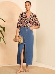 Love & Roses Beige Animal Petite Ruffle V Neck 3/4 Sleeve Button Through Blouse - Image 3 of 4