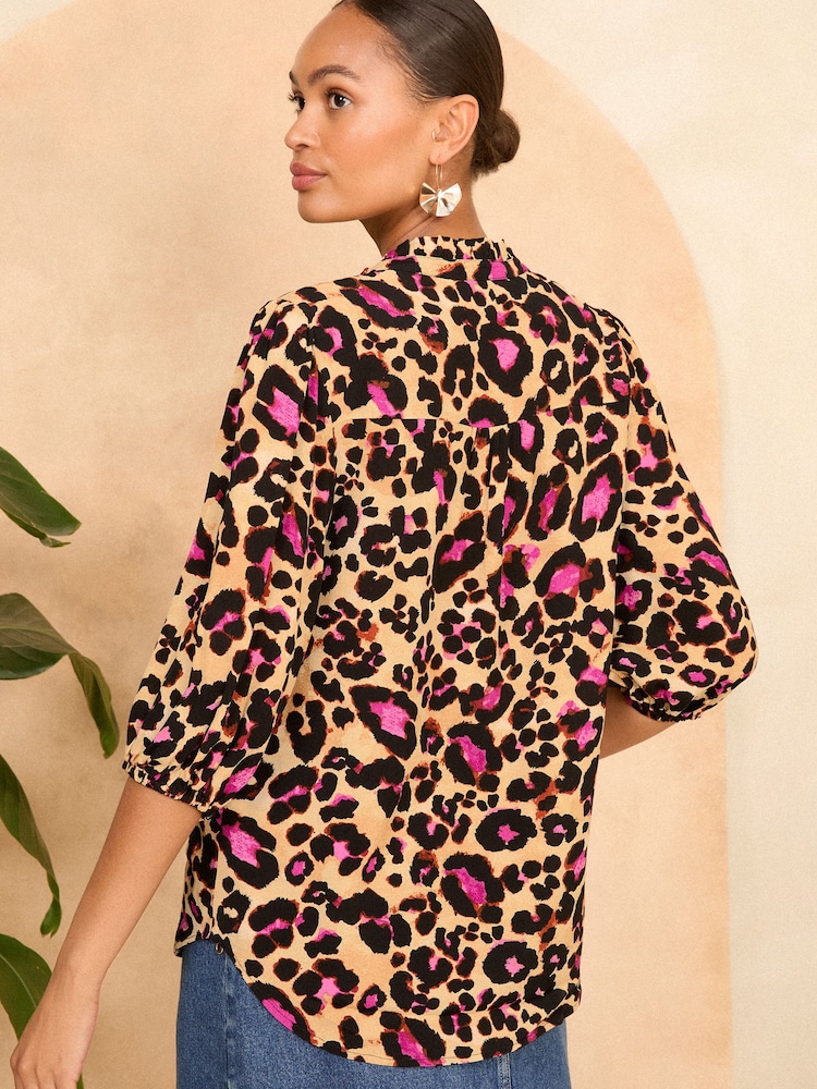 Love & Roses Beige Animal Petite Ruffle V Neck 3/4 Sleeve Button Through Blouse - Image 4 of 4