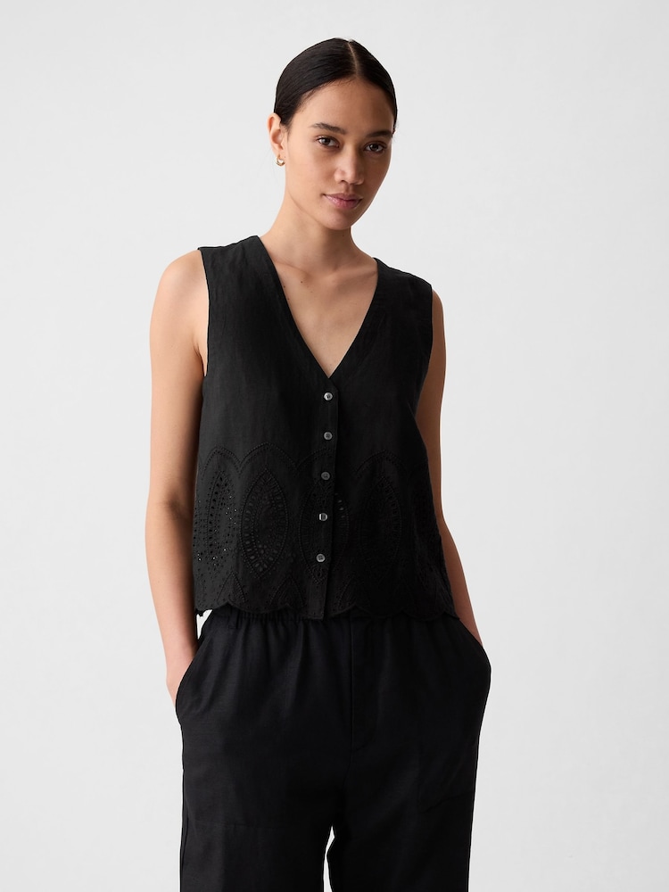 Gap Black Linen Blend Waistcoat Vest - Image 1 of 4 Gap Black Linen Blend Waistcoat Vest - Image 1 of 4